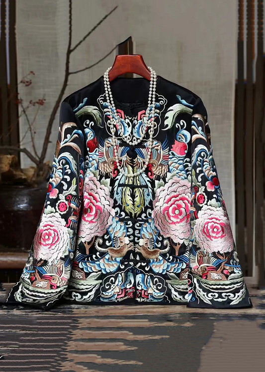 Women's New Chinese Black Embroidery Chinese Button Silk Coat Spring