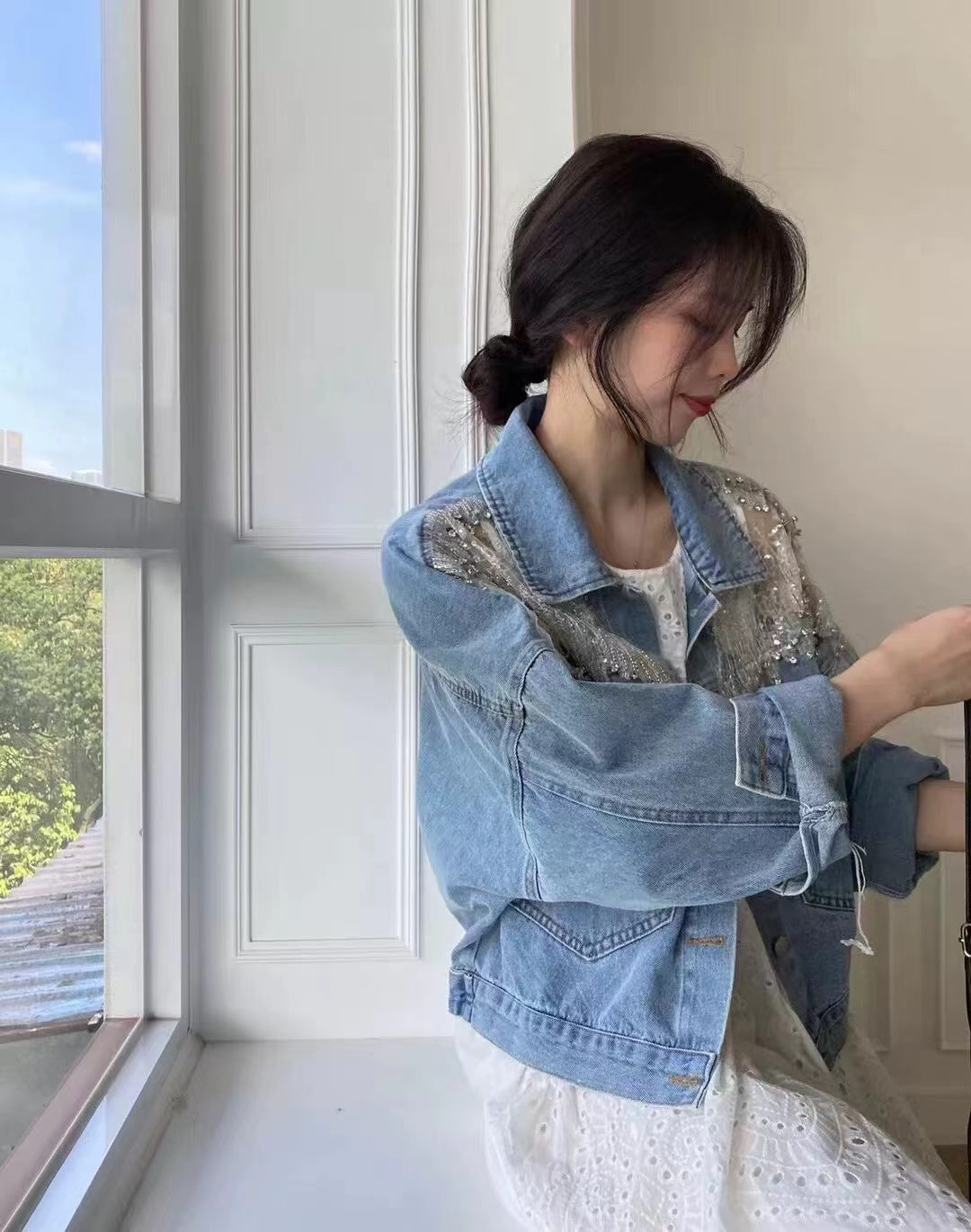 Casual Thin Mesh Spliced Denim Jacket Top