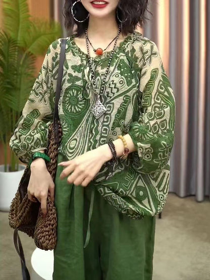 Chic Printed Round Neck Lantern Sleeve Blouse Top