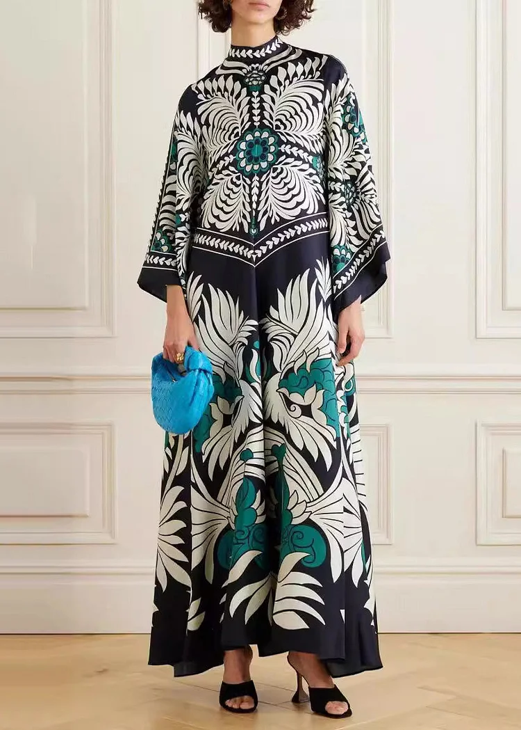 Women's Plus Size Bohemian Silk Long Dress Bracelet Sleeve Spring