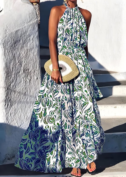 Women's Italian Green Printed Cotton Holiday Beach Halter Dress Summer