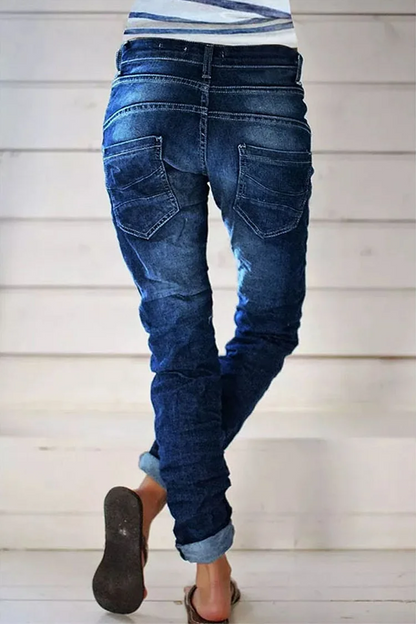 Organic denim street solid color distressed quilted high waisted jeans