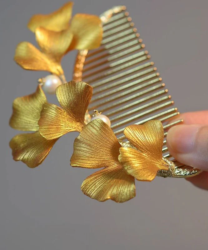 Women's Yellow Sterling Silver Gold Plated Ginkgo Biloba Hair Clips Hundred