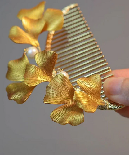 Women's Yellow Sterling Silver Gold Plated Ginkgo Biloba Hair Clips Hundred