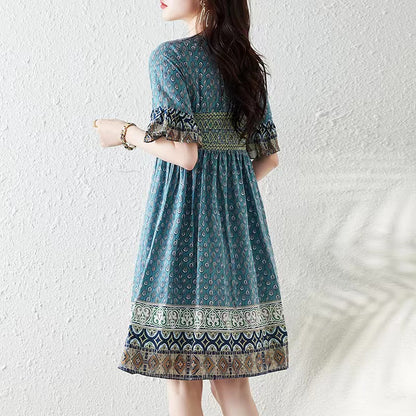 V-Neck Tie Printed Ruffle Color Collision Short Sleeve Dress