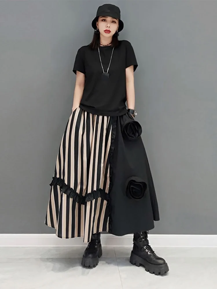 Women's Large Size Loose Casual Ethnic Style Striped Patchwork Skirt