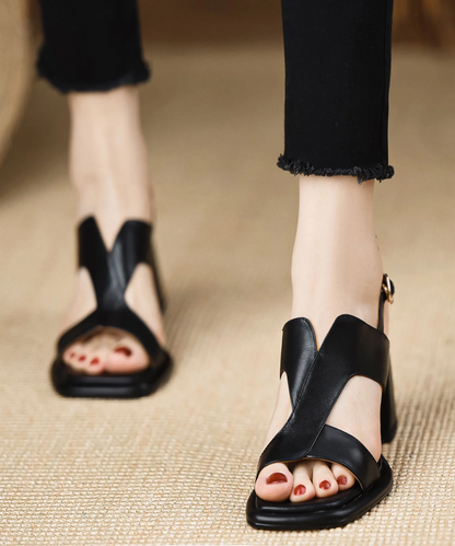 Patchwork Buckle Strap Chunky Sandals Black Faux Leather