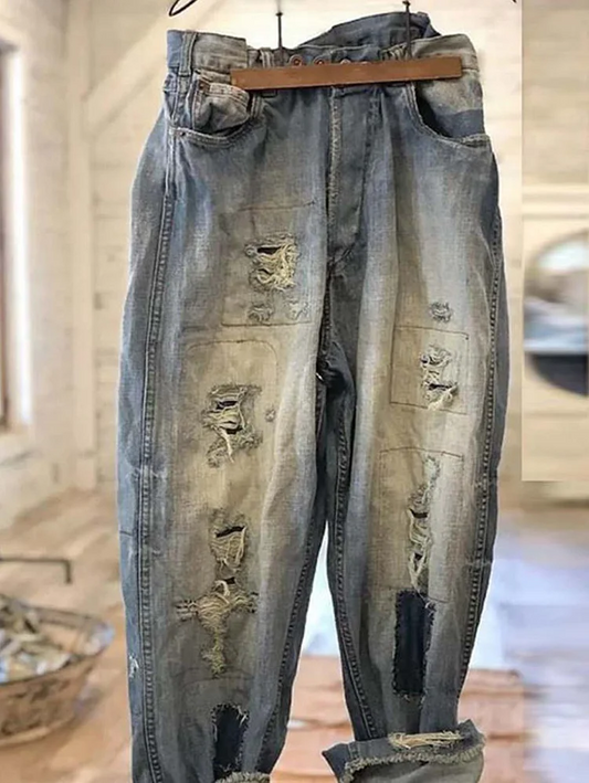 Women's Parents Aged Western Denim Lightly Washed and Aged Hollowed Out Raglan 7/10 Pants