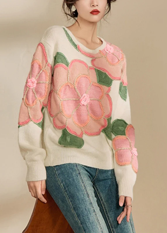 Women's Floral Patchwork Cozy Cotton Knit Sweater Winter