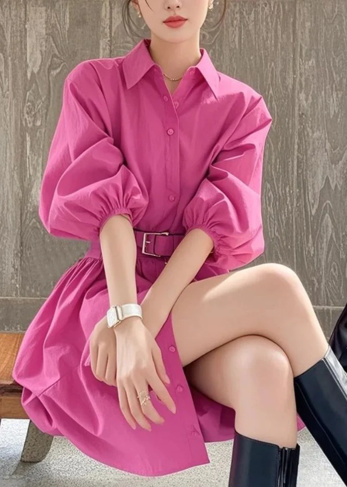 Women's Rose Peter Pan Collar Button Belt Shirtdress
