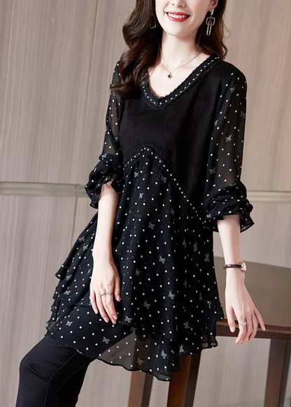 Polka dot black v-neck patchwork layered design chiffon long sleeve top