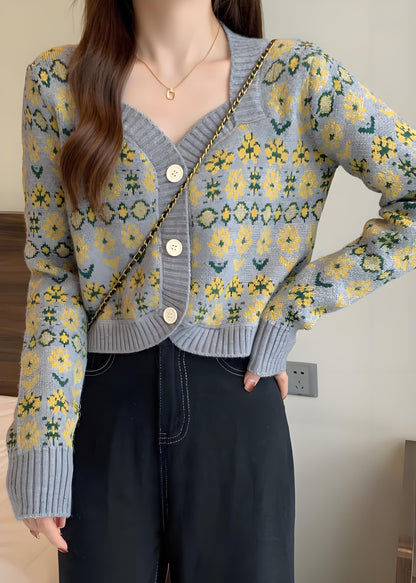 Women's Original Purple V-Neck Button Printed Knit Short Cardigan Spring