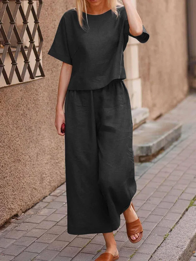 Women's Big Size Linen Casual Top and Wide Leg Pants Set Spring