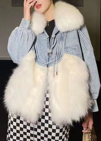 Women's Fringed Denim Patchwork Furry Fur Puffy Jacket