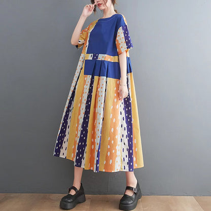 Loose Round Neck Spliced Color Block Polka Dot Short Sleeve Dress