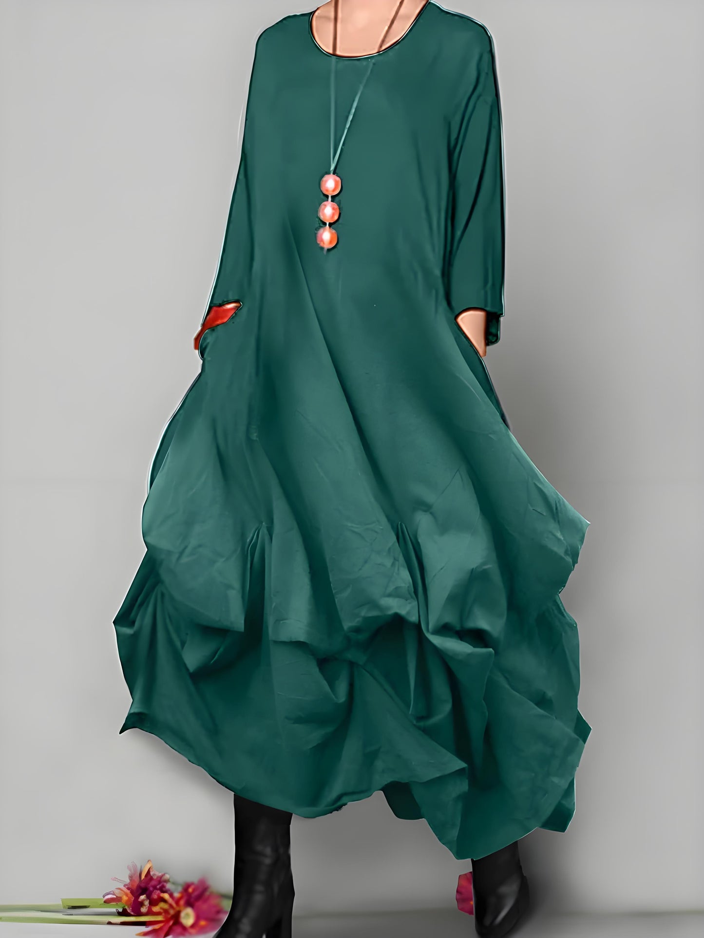 Women's Round Neck Loose Asymmetric Hem Midi Dresses