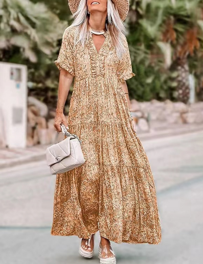 V-Neck Printed Ruffle Short Sleeve Long Dress