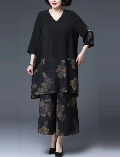French Black Loose V Zero Patchwork Shirt + Wide Leg Pants