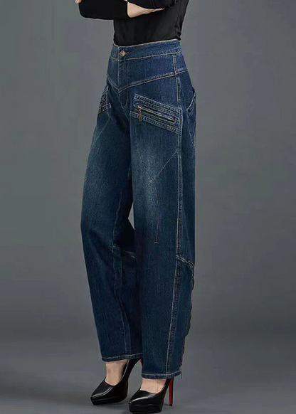 Organic cotton denim blue high waisted slim fit zipper pocket cotton jeans