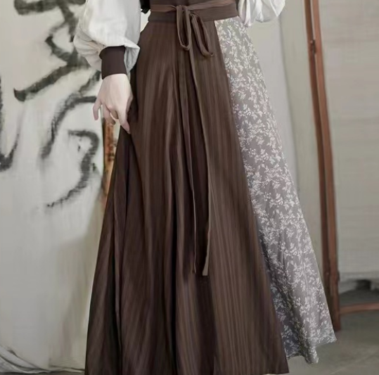 Elegant Printed Spliced Stripe Tie Pleated Skirt