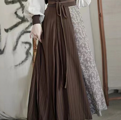 Elegant Printed Spliced Stripe Tie Pleated Skirt