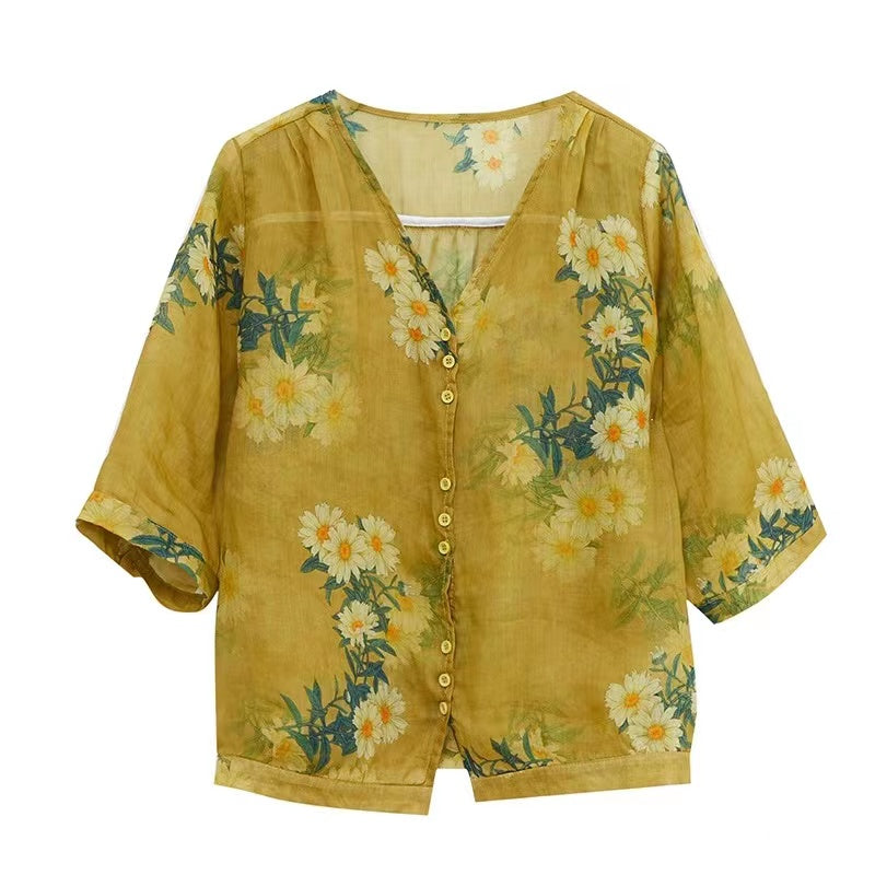Elegant V-Neck Printed Cotton Short Sleeve Shirt Top