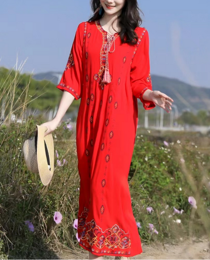 Loose Tie Embroidered Short Sleeve Dress