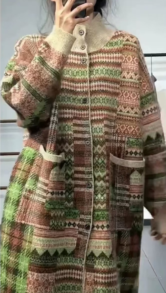 Loose Large Size Geometric Pocket Cardigan Silk Sweater Winter