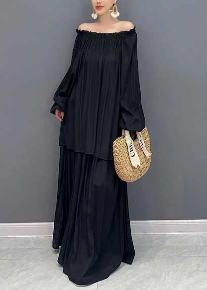 Women's French Black Slant Neck Ruffle Two Piece Set Lantern Sleeve Spring Summer