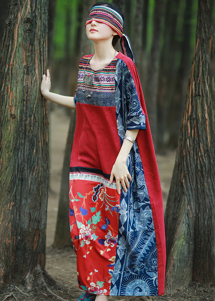 Women's Pocket Patchwork Cotton Printed Half Sleeve Dress