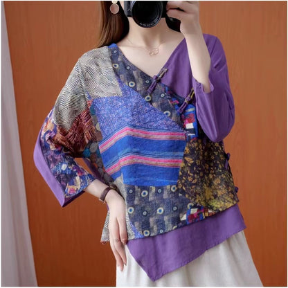 Vintage V-Neck Color-Collision Asymmetric Cotton Blouse Top