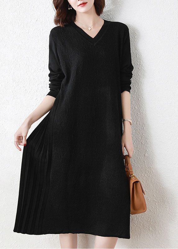Italy V-Neck Patchwork Crinkle Wool Long Knit Dress Long Sleeve