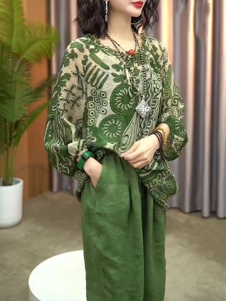 Chic Printed Round Neck Lantern Sleeve Blouse Top