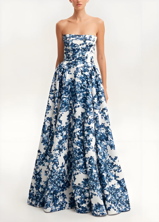 Women's Blue Strapless Printed Cotton Long Sleeveless Dresses