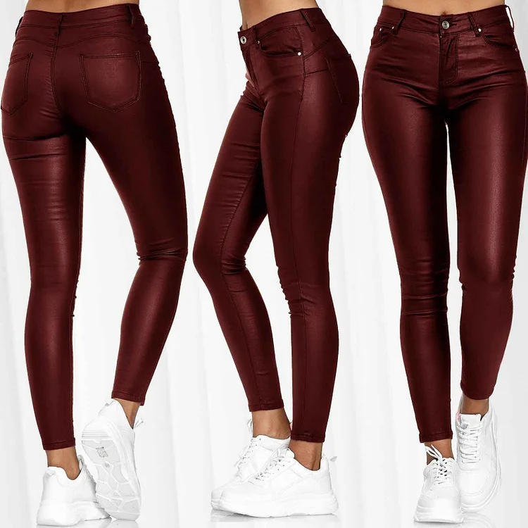 Leather Stretch Slim Pants High Waist Pencil Pants