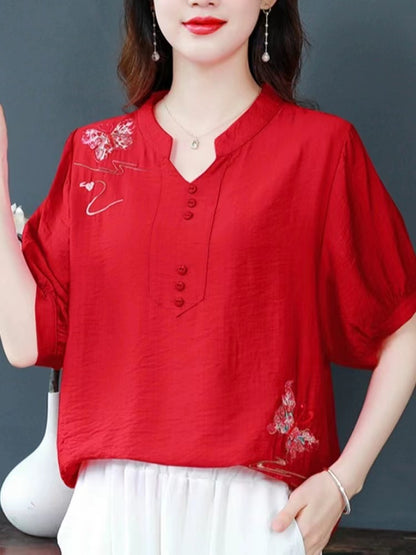 Loose Standing Collar Embroidered Button Cotton Short Sleeve Shirt Top