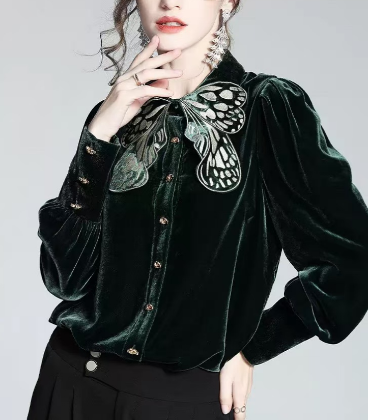 Chinese Style Loose Velvet Butterfly Embroidery Long Sleeve Top