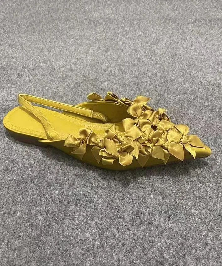Women's Party Yellow Bow Pointed Toe Flat Sandals