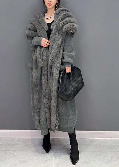Plus Size Women's Big Patchwork Mink Wool Knit Loose Cardigan
