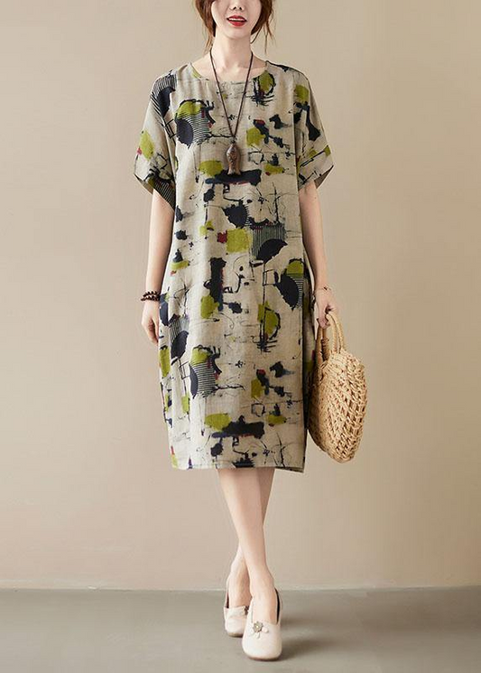 Elegant Printed O Neck Pocket Cotton Linen Half Sleeve Dress