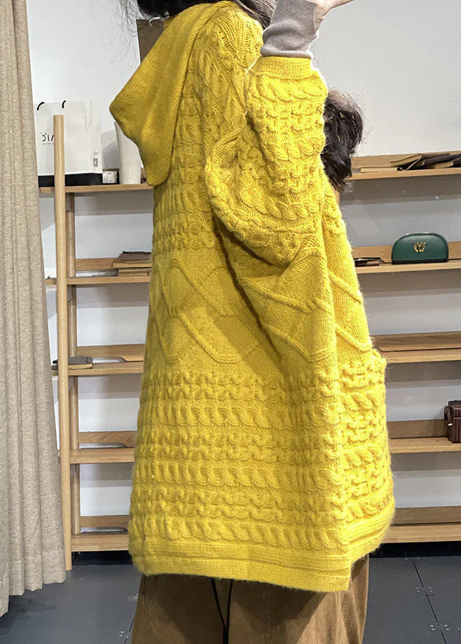 Modern Yellow Oversized Pocket Rabbit Hair Knit Cardigan Winter