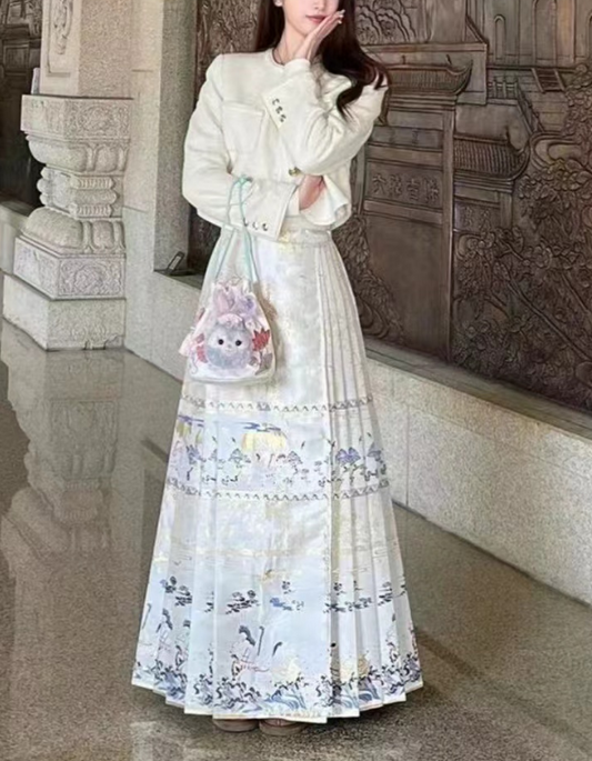 Elegant White Printed Pleated Skirt
