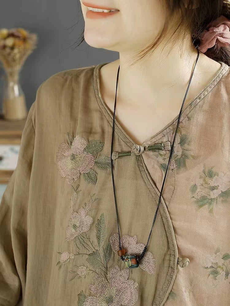 Fashion Embroidery Asymmetric Patchwork Cotton Long Sleeve Shirt Top