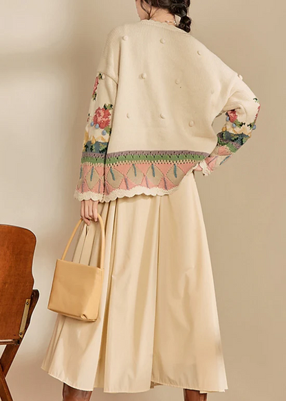 Loose Beige Embroidered Button Knit Cardigan
