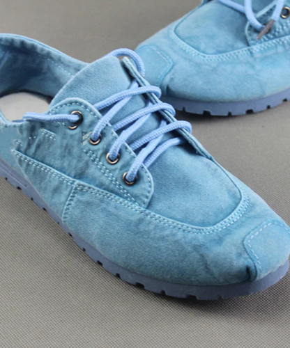 Ladies Blue Cotton Fabric Flat Women's Shoes Cross Strap Flat Shoes Spring