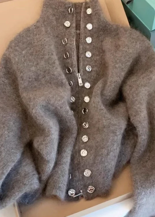 Fine Gray High Neck Zipper Wool Knit Cardigan