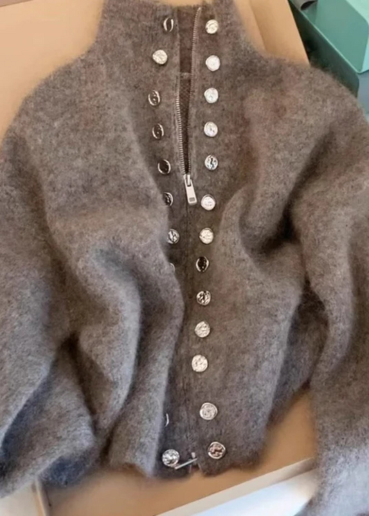 Fine Gray High Neck Zipper Wool Knit Cardigan