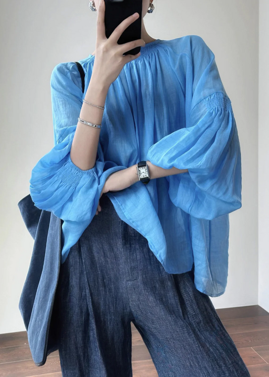 Ladies Bohemian Blue Round Collar Cotton Shirt Lantern Sleeve Spring Summer