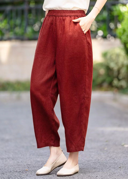 Red Mulberry Elastic Waistband Pocket Linen Haren Pants