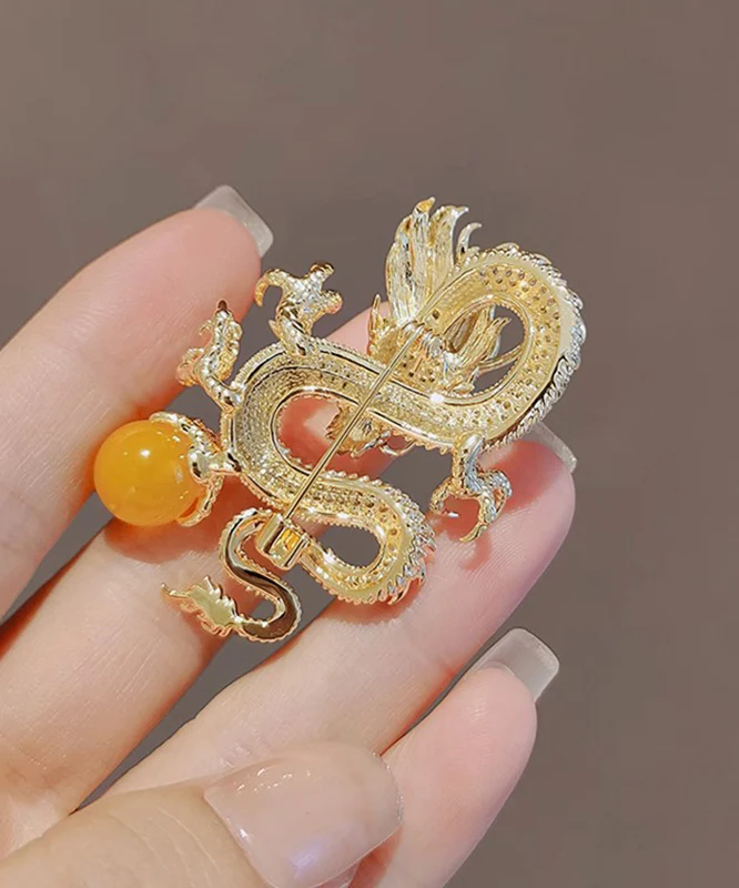 Chinese Style Alloy Zirconia Golden Dragon Brooch Versatile